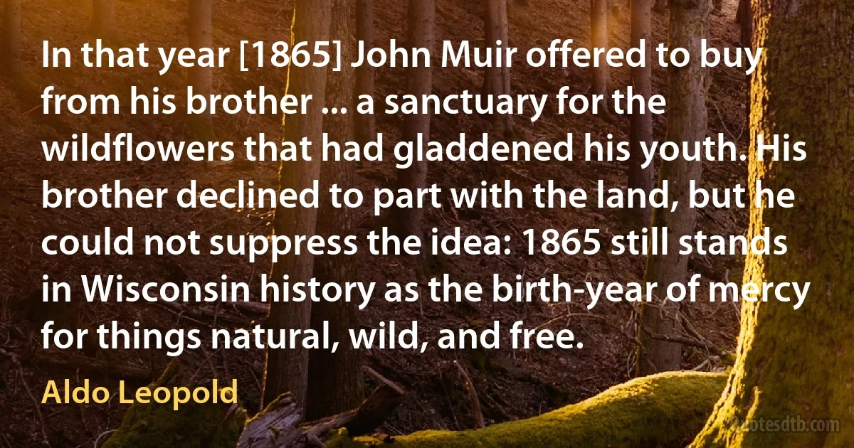 In that year [1865] John Muir offered to buy from his brother ... a sanctuary for the wildflowers that had gladdened his youth. His brother declined to part with the land, but he could not suppress the idea: 1865 still stands in Wisconsin history as the birth-year of mercy for things natural, wild, and free. (Aldo Leopold)