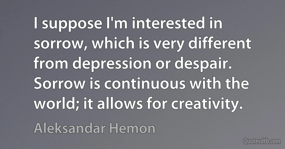 I suppose I'm interested in sorrow, which is very different from depression or despair. Sorrow is continuous with the world; it allows for creativity. (Aleksandar Hemon)