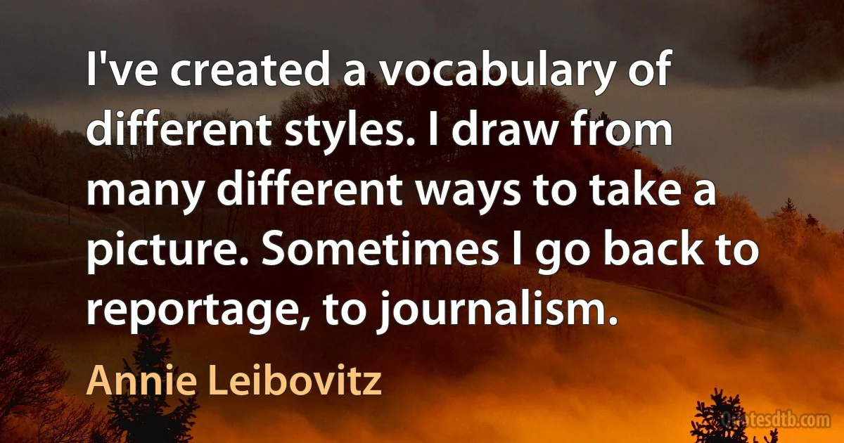 I've created a vocabulary of different styles. I draw from many different ways to take a picture. Sometimes I go back to reportage, to journalism. (Annie Leibovitz)