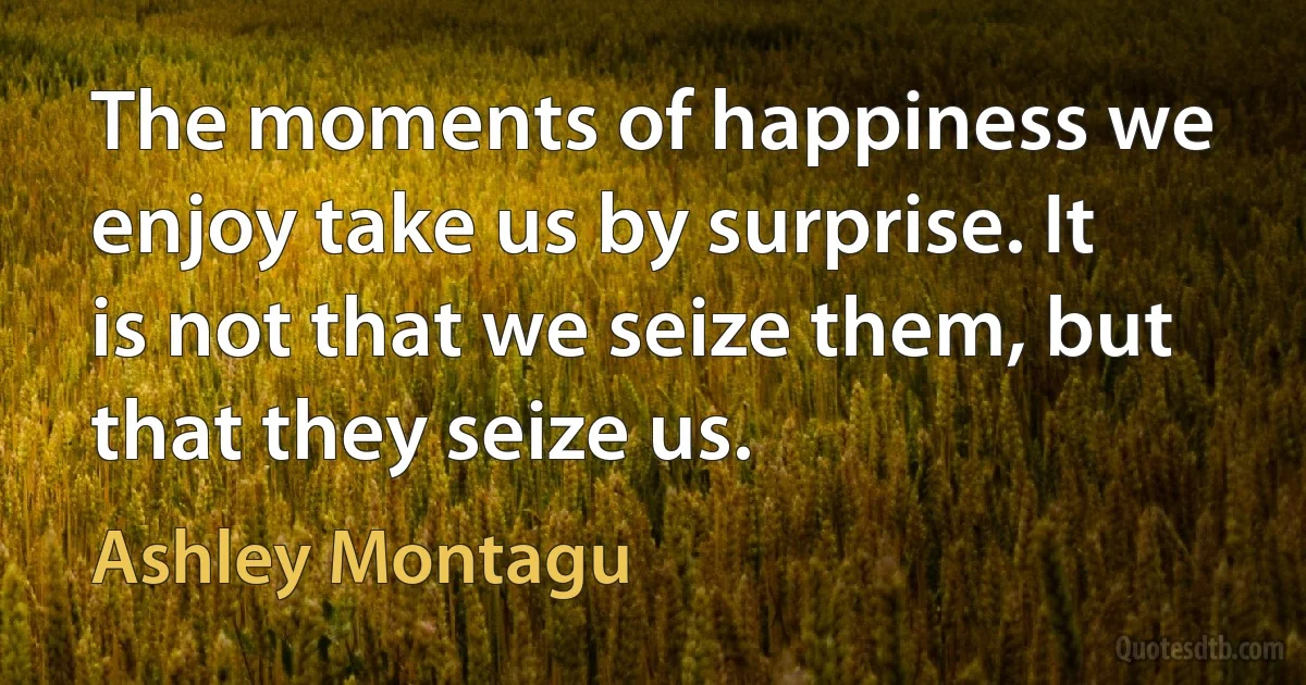 The moments of happiness we enjoy take us by surprise. It is not that we seize them, but that they seize us. (Ashley Montagu)