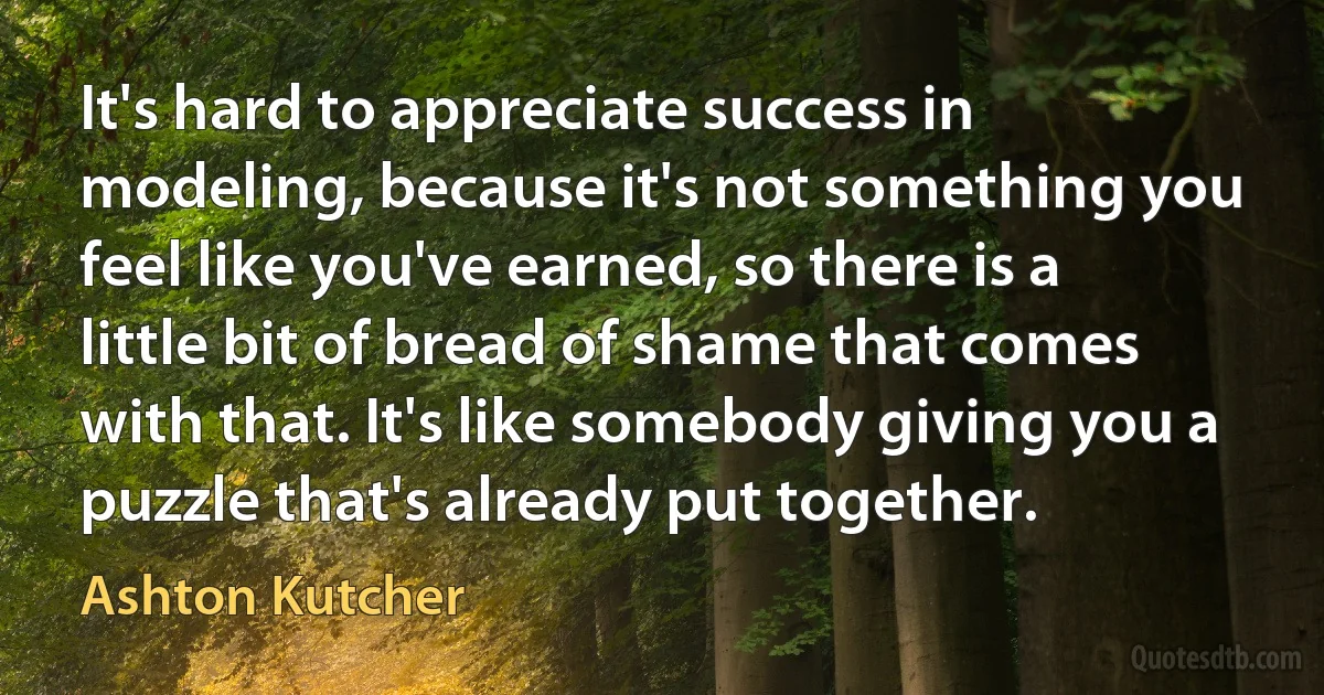 It's hard to appreciate success in modeling, because it's not something you feel like you've earned, so there is a little bit of bread of shame that comes with that. It's like somebody giving you a puzzle that's already put together. (Ashton Kutcher)