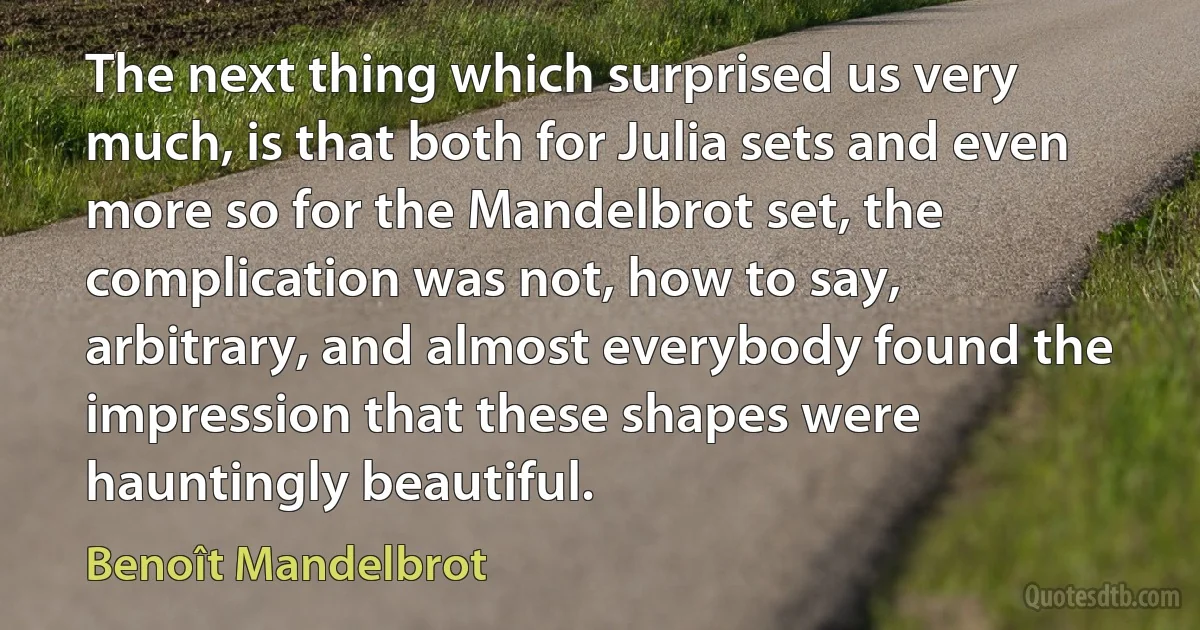 The next thing which surprised us very much, is that both for Julia sets and even more so for the Mandelbrot set, the complication was not, how to say, arbitrary, and almost everybody found the impression that these shapes were hauntingly beautiful. (Benoît Mandelbrot)