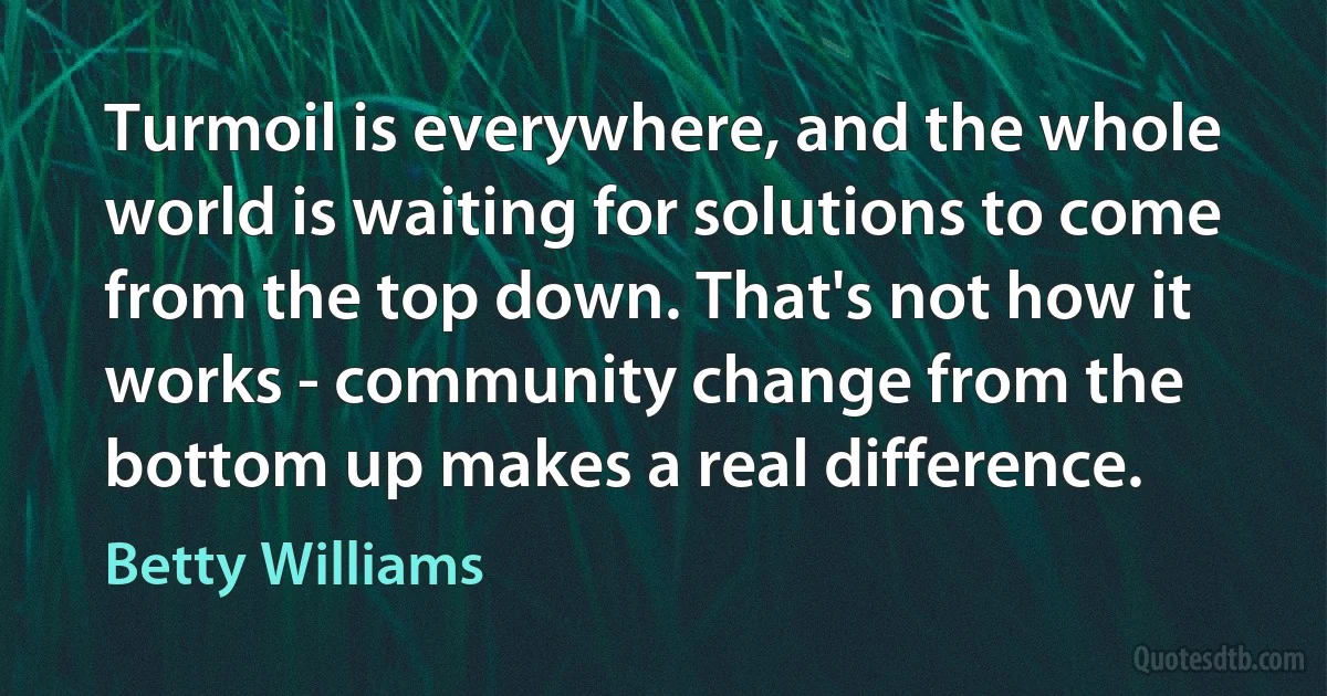 Turmoil is everywhere, and the whole world is waiting for solutions to come from the top down. That's not how it works - community change from the bottom up makes a real difference. (Betty Williams)