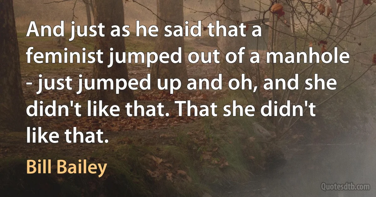 And just as he said that a feminist jumped out of a manhole - just jumped up and oh, and she didn't like that. That she didn't like that. (Bill Bailey)