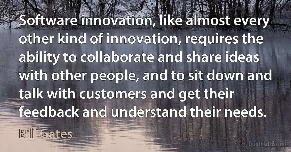 Software innovation, like almost every other kind of innovation, requires the ability to collaborate and share ideas with other people, and to sit down and talk with customers and get their feedback and understand their needs. (Bill Gates)