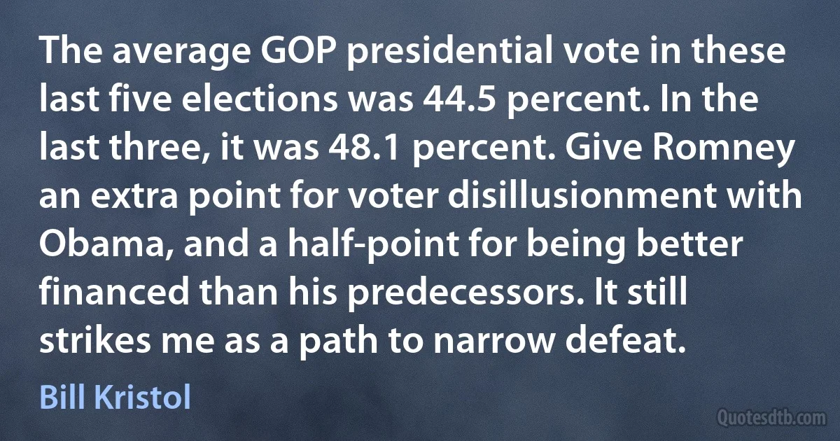 The average GOP presidential vote in these last five elections was 44.5 percent. In the last three, it was 48.1 percent. Give Romney an extra point for voter disillusionment with Obama, and a half-point for being better financed than his predecessors. It still strikes me as a path to narrow defeat. (Bill Kristol)