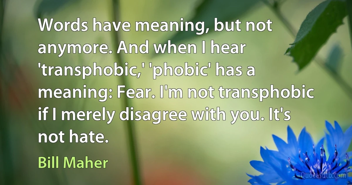 Words have meaning, but not anymore. And when I hear 'transphobic,' 'phobic' has a meaning: Fear. I'm not transphobic if I merely disagree with you. It's not hate. (Bill Maher)