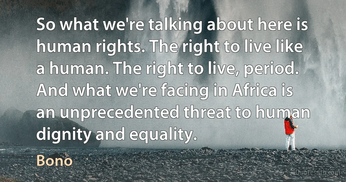 So what we're talking about here is human rights. The right to live like a human. The right to live, period. And what we're facing in Africa is an unprecedented threat to human dignity and equality. (Bono)