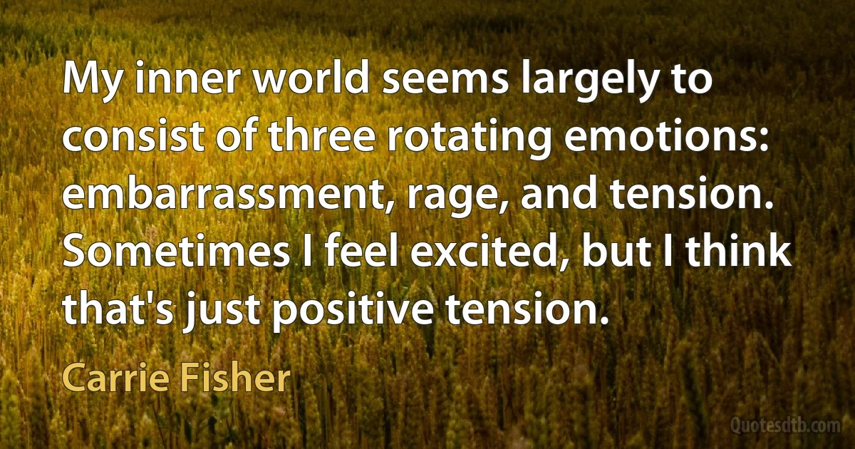 My inner world seems largely to consist of three rotating emotions: embarrassment, rage, and tension. Sometimes I feel excited, but I think that's just positive tension. (Carrie Fisher)