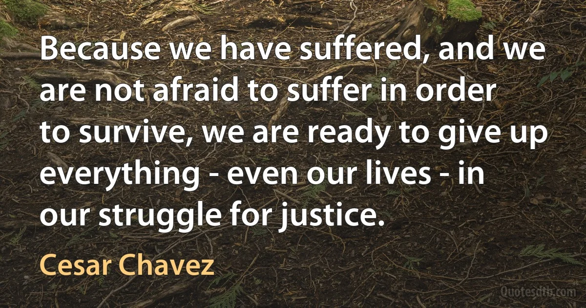 Because we have suffered, and we are not afraid to suffer in order to survive, we are ready to give up everything - even our lives - in our struggle for justice. (Cesar Chavez)