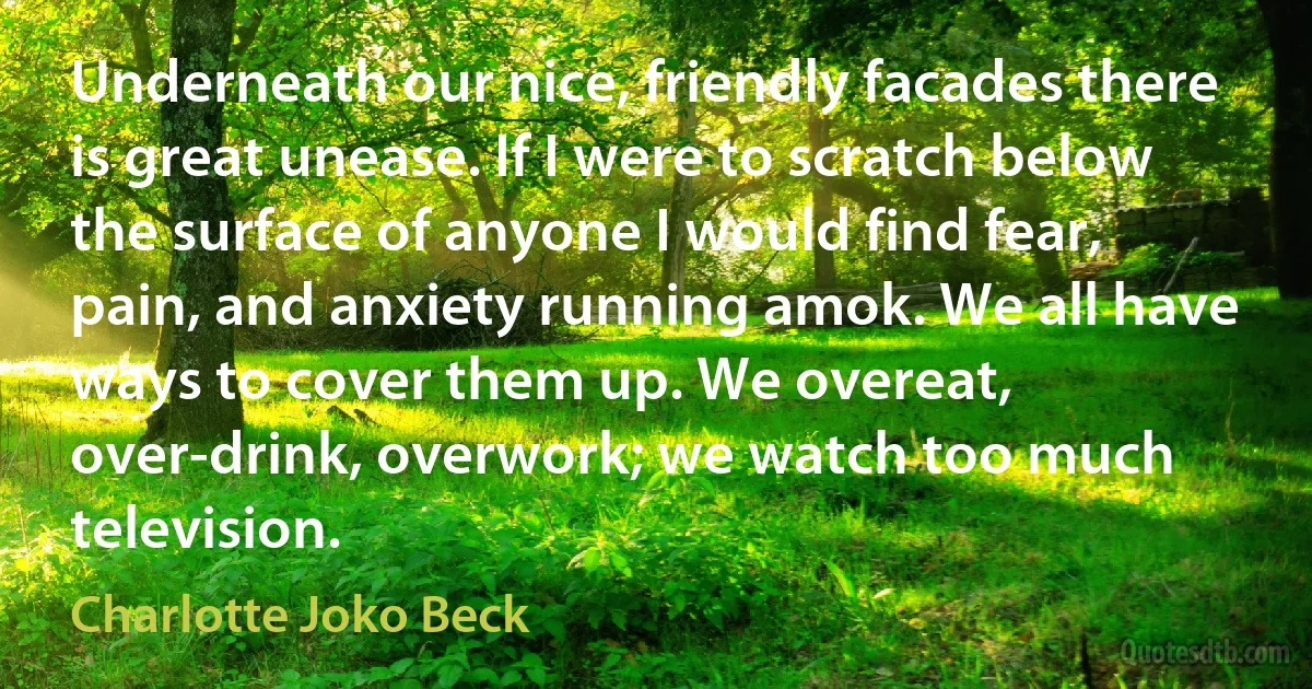 Underneath our nice, friendly facades there is great unease. If I were to scratch below the surface of anyone I would find fear, pain, and anxiety running amok. We all have ways to cover them up. We overeat, over-drink, overwork; we watch too much television. (Charlotte Joko Beck)