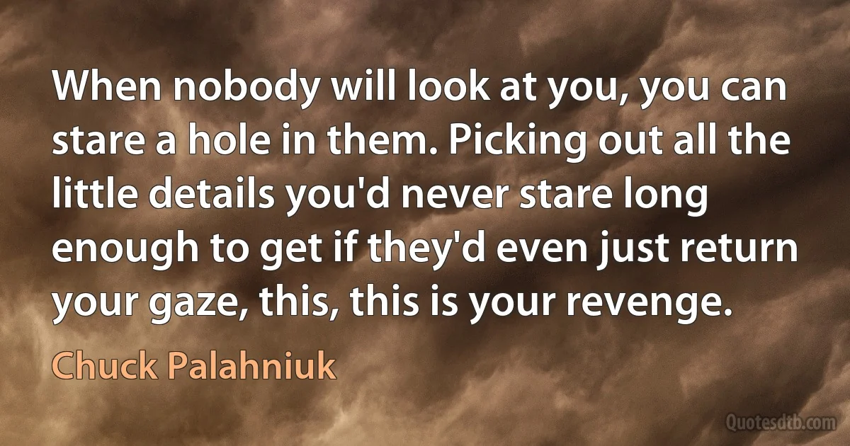 When nobody will look at you, you can stare a hole in them. Picking out all the little details you'd never stare long enough to get if they'd even just return your gaze, this, this is your revenge. (Chuck Palahniuk)