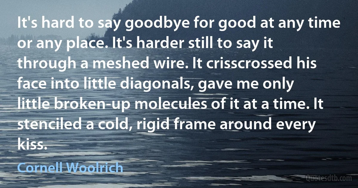 It's hard to say goodbye for good at any time or any place. It's harder still to say it through a meshed wire. It crisscrossed his face into little diagonals, gave me only little broken-up molecules of it at a time. It stenciled a cold, rigid frame around every kiss. (Cornell Woolrich)