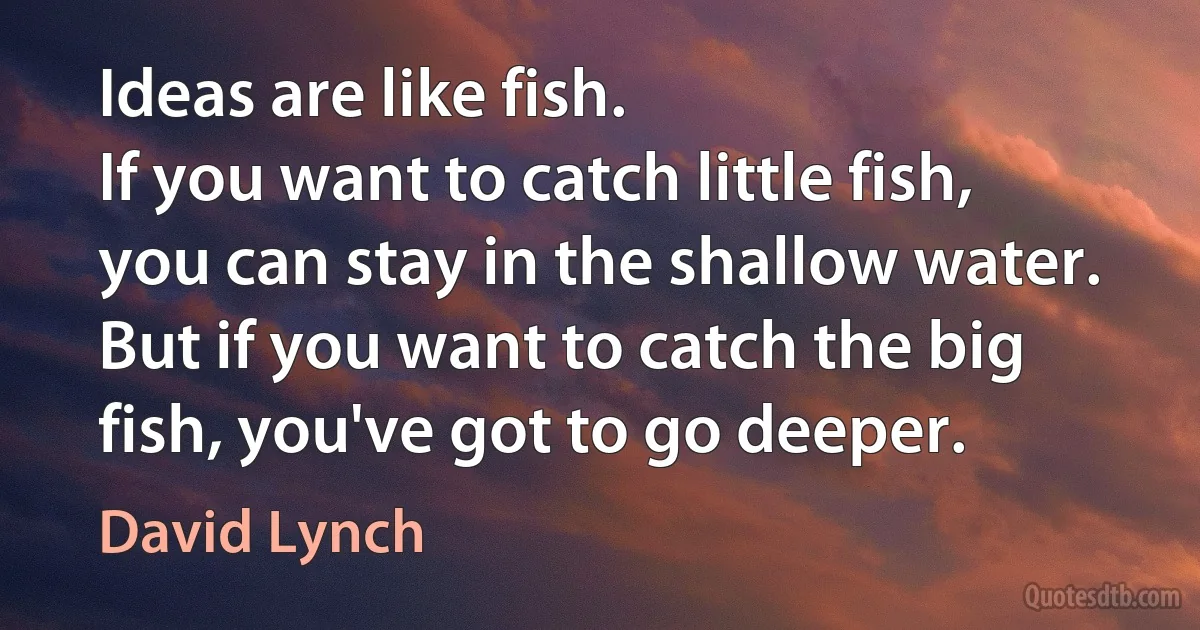 Ideas are like fish.
If you want to catch little fish, you can stay in the shallow water. But if you want to catch the big fish, you've got to go deeper. (David Lynch)