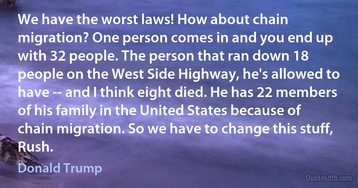 We have the worst laws! How about chain migration? One person comes in and you end up with 32 people. The person that ran down 18 people on the West Side Highway, he's allowed to have -- and I think eight died. He has 22 members of his family in the United States because of chain migration. So we have to change this stuff, Rush. (Donald Trump)