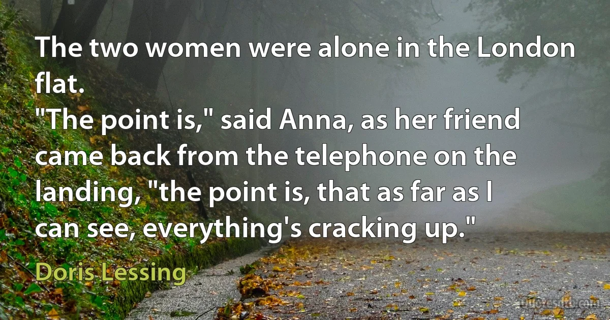 The two women were alone in the London flat.
"The point is," said Anna, as her friend came back from the telephone on the landing, "the point is, that as far as I can see, everything's cracking up." (Doris Lessing)