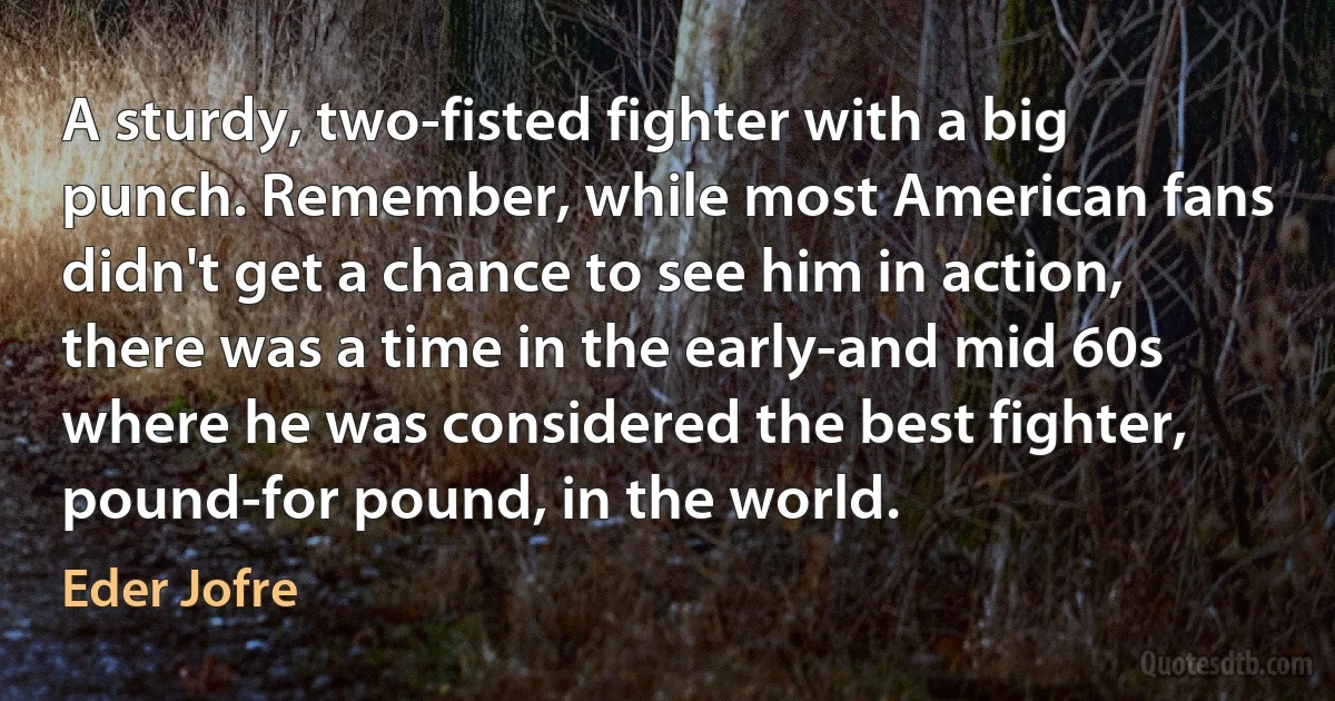 A sturdy, two-fisted fighter with a big punch. Remember, while most American fans didn't get a chance to see him in action, there was a time in the early-and mid 60s where he was considered the best fighter, pound-for pound, in the world. (Eder Jofre)