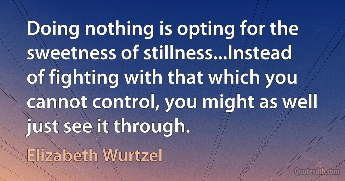 Doing nothing is opting for the sweetness of stillness...Instead of fighting with that which you cannot control, you might as well just see it through. (Elizabeth Wurtzel)