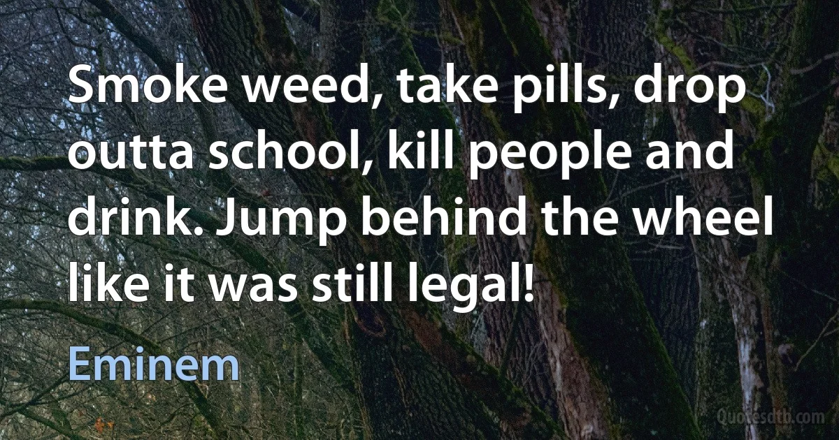 Smoke weed, take pills, drop outta school, kill people and drink. Jump behind the wheel like it was still legal! (Eminem)