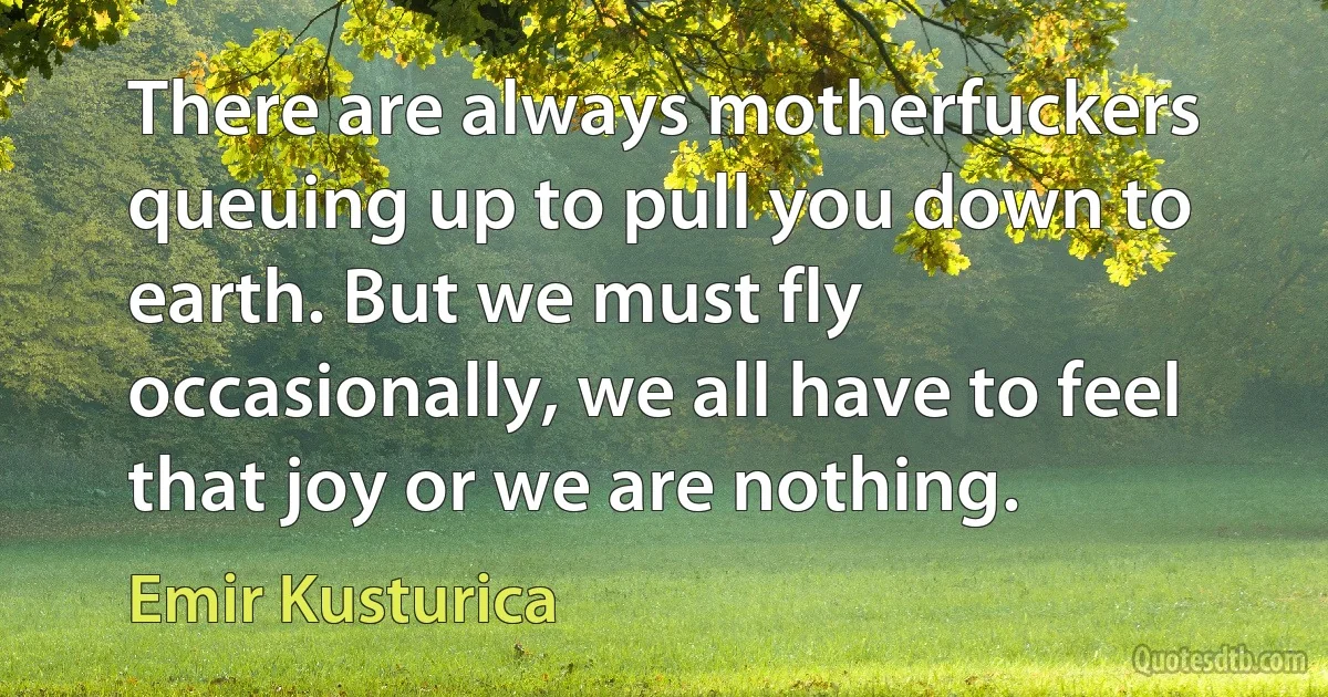 There are always motherfuckers queuing up to pull you down to earth. But we must fly occasionally, we all have to feel that joy or we are nothing. (Emir Kusturica)