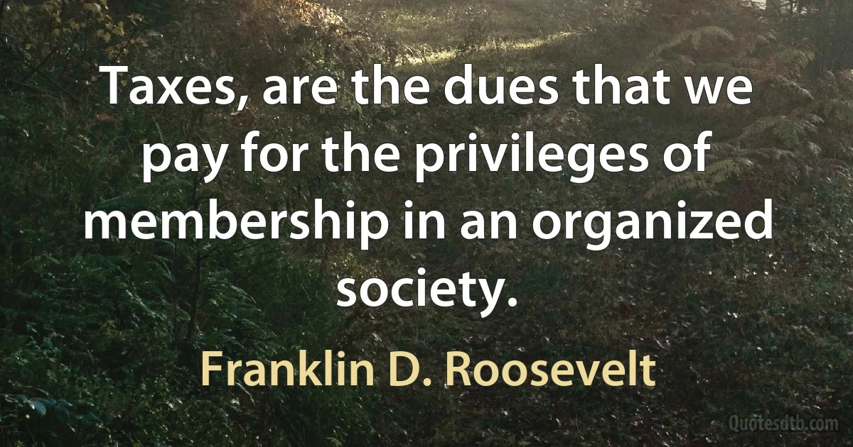 Taxes, are the dues that we pay for the privileges of membership in an organized society. (Franklin D. Roosevelt)