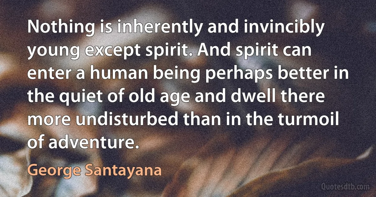 Nothing is inherently and invincibly young except spirit. And spirit can enter a human being perhaps better in the quiet of old age and dwell there more undisturbed than in the turmoil of adventure. (George Santayana)