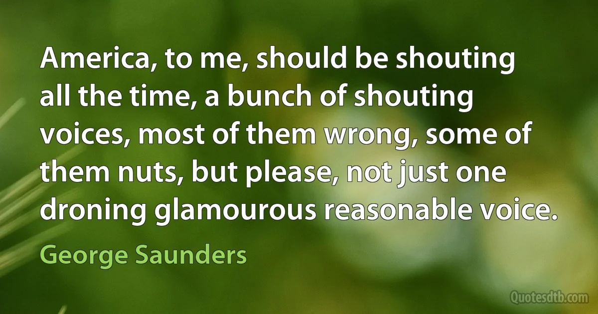 America, to me, should be shouting all the time, a bunch of shouting voices, most of them wrong, some of them nuts, but please, not just one droning glamourous reasonable voice. (George Saunders)