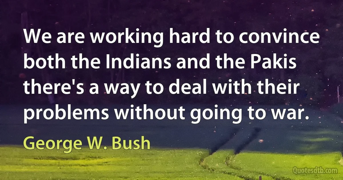 We are working hard to convince both the Indians and the Pakis there's a way to deal with their problems without going to war. (George W. Bush)