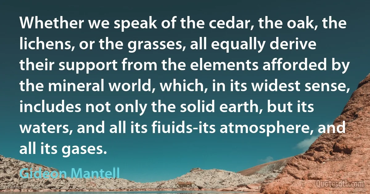 Whether we speak of the cedar, the oak, the lichens, or the grasses, all equally derive their support from the elements afforded by the mineral world, which, in its widest sense, includes not only the solid earth, but its waters, and all its fiuids-its atmosphere, and all its gases. (Gideon Mantell)