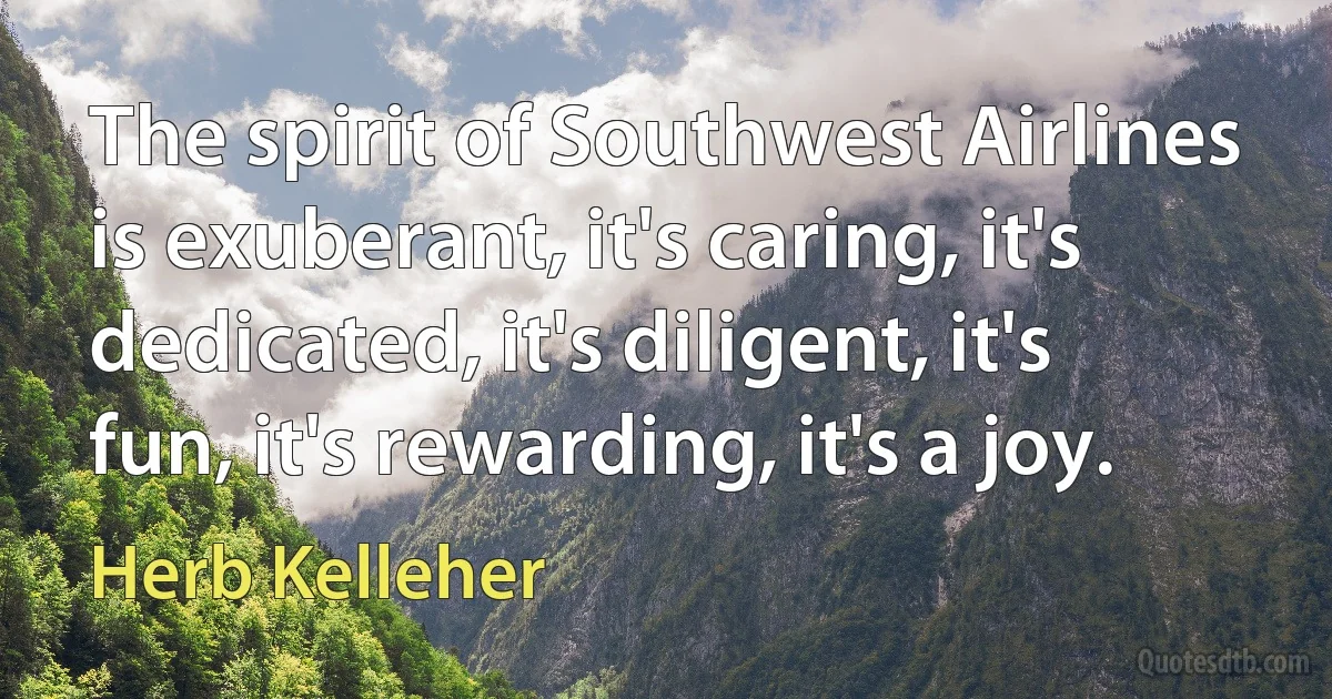 The spirit of Southwest Airlines is exuberant, it's caring, it's dedicated, it's diligent, it's fun, it's rewarding, it's a joy. (Herb Kelleher)