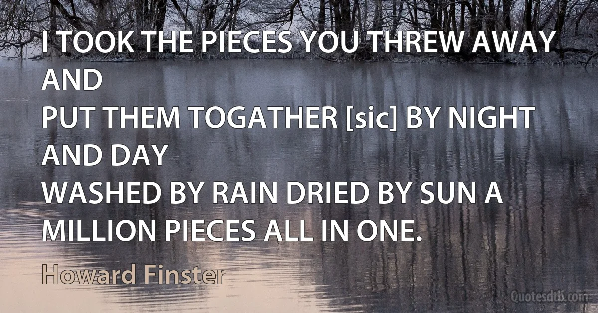 I TOOK THE PIECES YOU THREW AWAY AND
PUT THEM TOGATHER [sic] BY NIGHT AND DAY
WASHED BY RAIN DRIED BY SUN A MILLION PIECES ALL IN ONE. (Howard Finster)