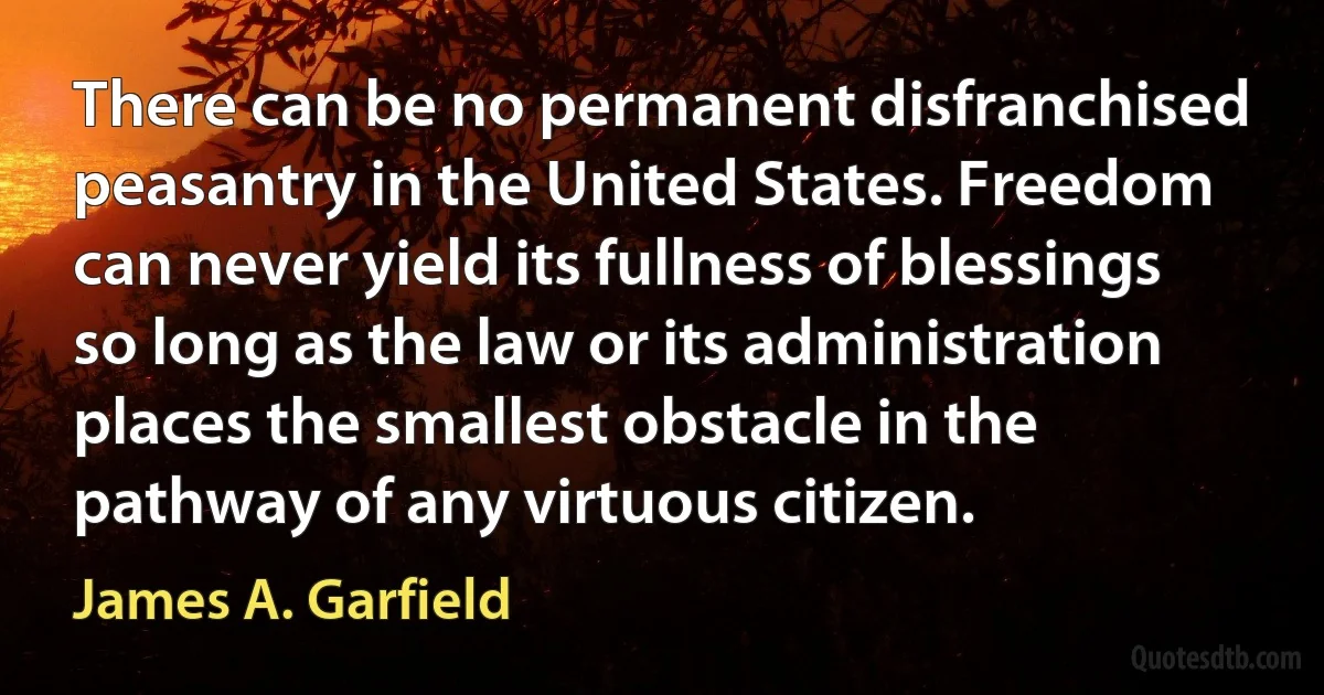 There can be no permanent disfranchised peasantry in the United States. Freedom can never yield its fullness of blessings so long as the law or its administration places the smallest obstacle in the pathway of any virtuous citizen. (James A. Garfield)