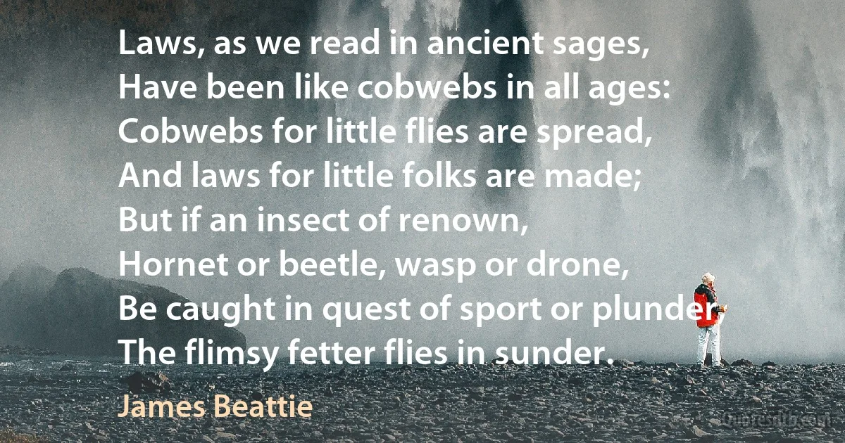 Laws, as we read in ancient sages,
Have been like cobwebs in all ages:
Cobwebs for little flies are spread,
And laws for little folks are made;
But if an insect of renown,
Hornet or beetle, wasp or drone,
Be caught in quest of sport or plunder,
The flimsy fetter flies in sunder. (James Beattie)