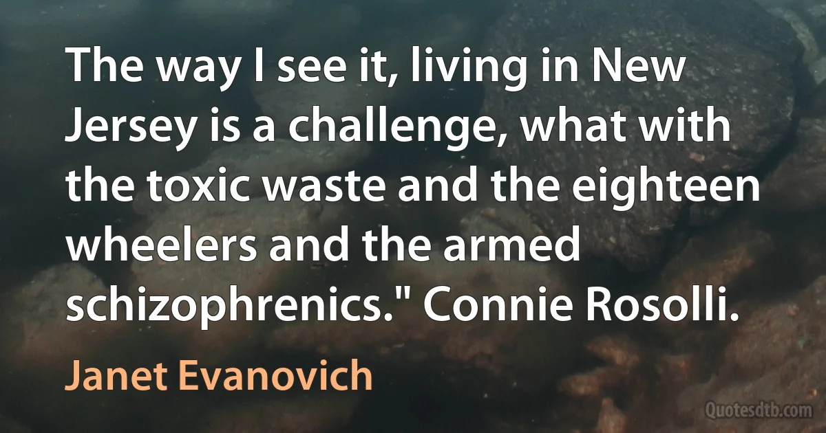 The way I see it, living in New Jersey is a challenge, what with the toxic waste and the eighteen wheelers and the armed schizophrenics." Connie Rosolli. (Janet Evanovich)