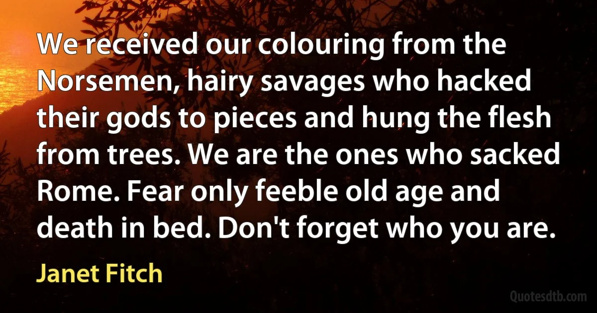 We received our colouring from the Norsemen, hairy savages who hacked their gods to pieces and hung the flesh from trees. We are the ones who sacked Rome. Fear only feeble old age and death in bed. Don't forget who you are. (Janet Fitch)