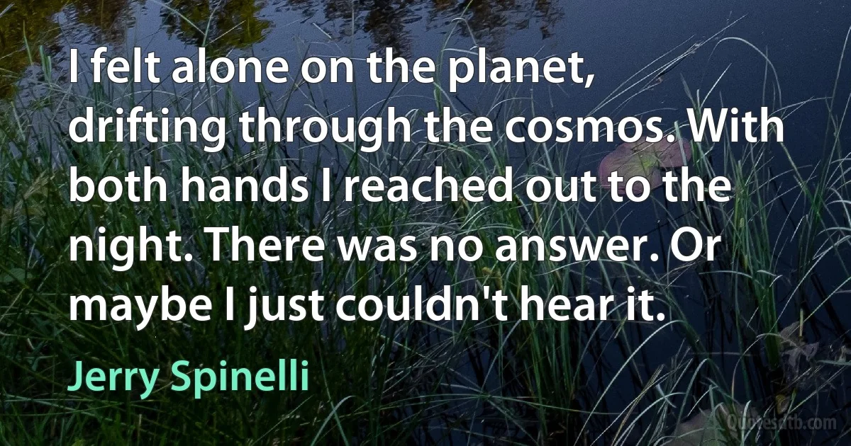 I felt alone on the planet, drifting through the cosmos. With both hands I reached out to the night. There was no answer. Or maybe I just couldn't hear it. (Jerry Spinelli)