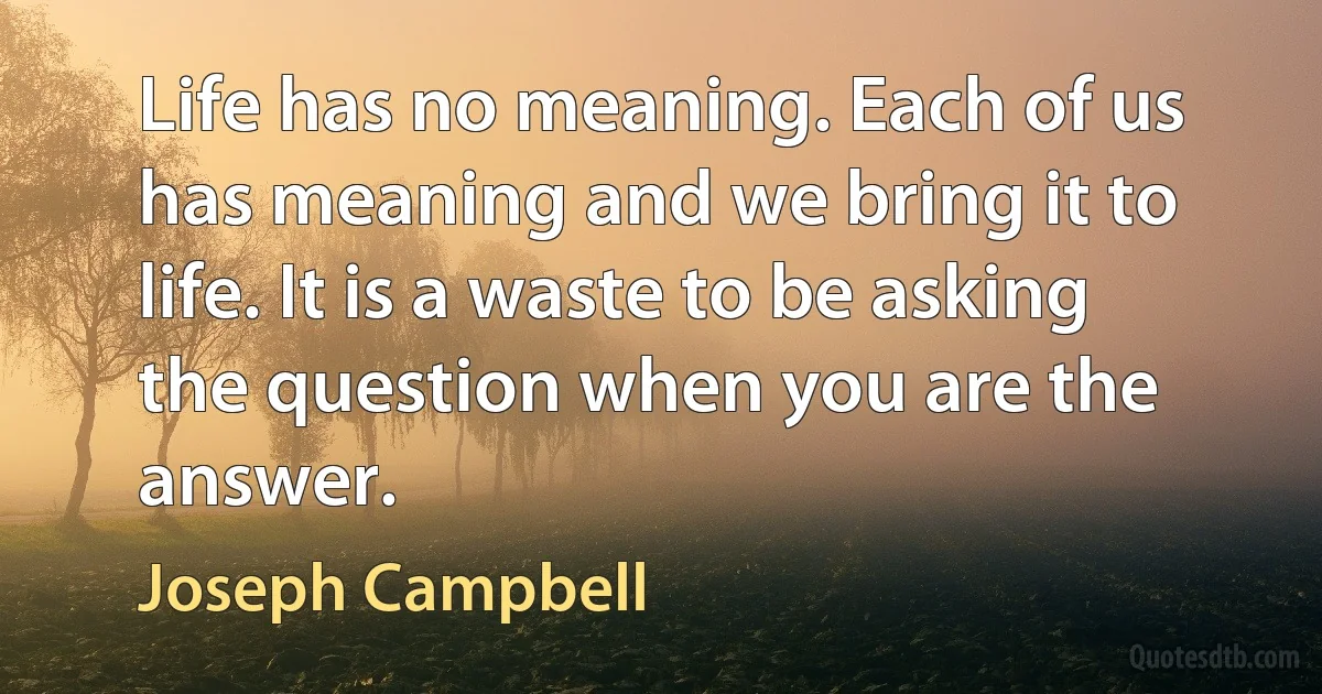 Life has no meaning. Each of us has meaning and we bring it to life. It is a waste to be asking the question when you are the answer. (Joseph Campbell)