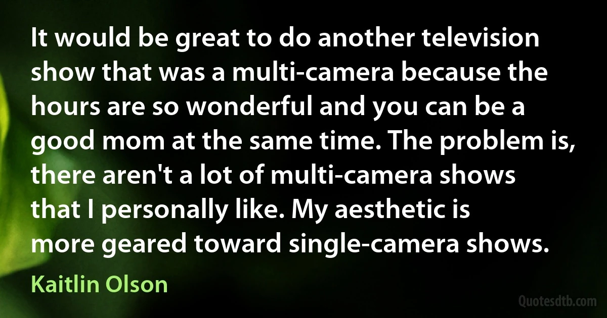 It would be great to do another television show that was a multi-camera because the hours are so wonderful and you can be a good mom at the same time. The problem is, there aren't a lot of multi-camera shows that I personally like. My aesthetic is more geared toward single-camera shows. (Kaitlin Olson)