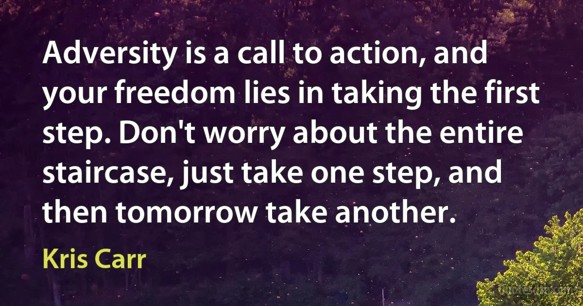 Adversity is a call to action, and your freedom lies in taking the first step. Don't worry about the entire staircase, just take one step, and then tomorrow take another. (Kris Carr)