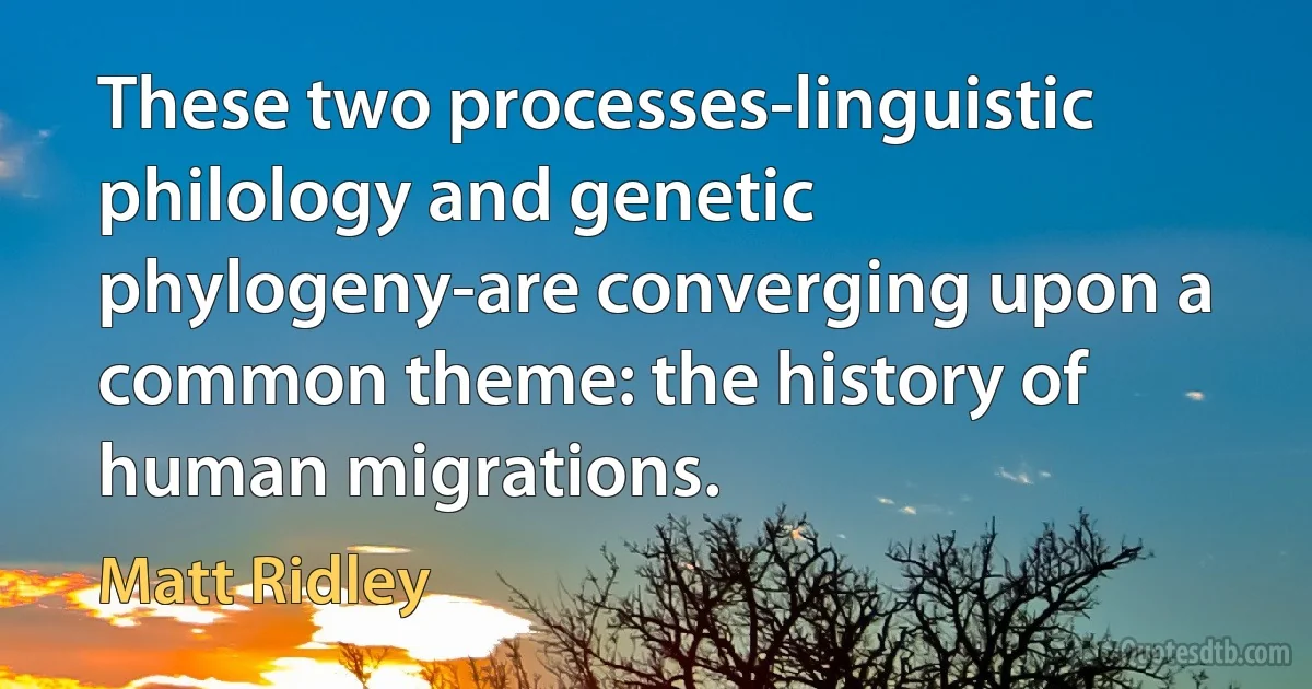 These two processes-linguistic philology and genetic phylogeny-are converging upon a common theme: the history of human migrations. (Matt Ridley)