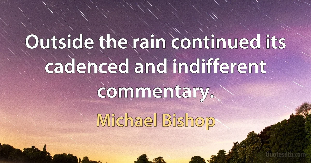 Outside the rain continued its cadenced and indifferent commentary. (Michael Bishop)