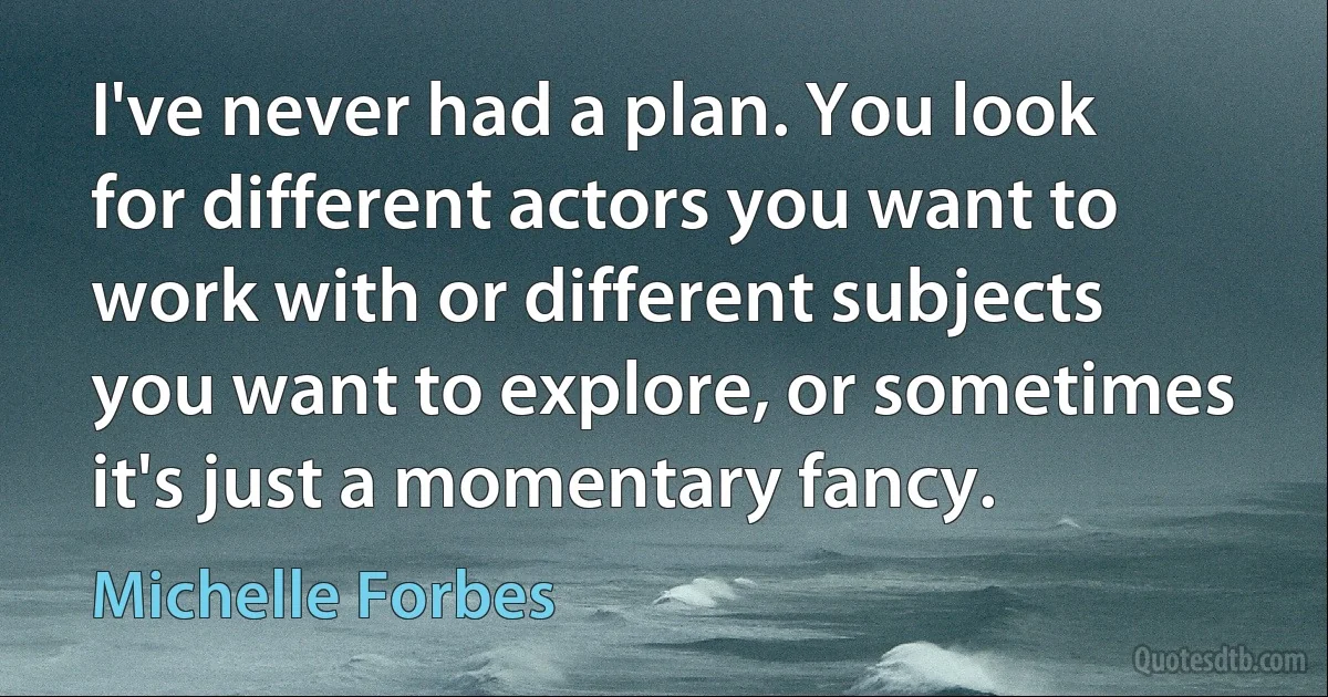 I've never had a plan. You look for different actors you want to work with or different subjects you want to explore, or sometimes it's just a momentary fancy. (Michelle Forbes)