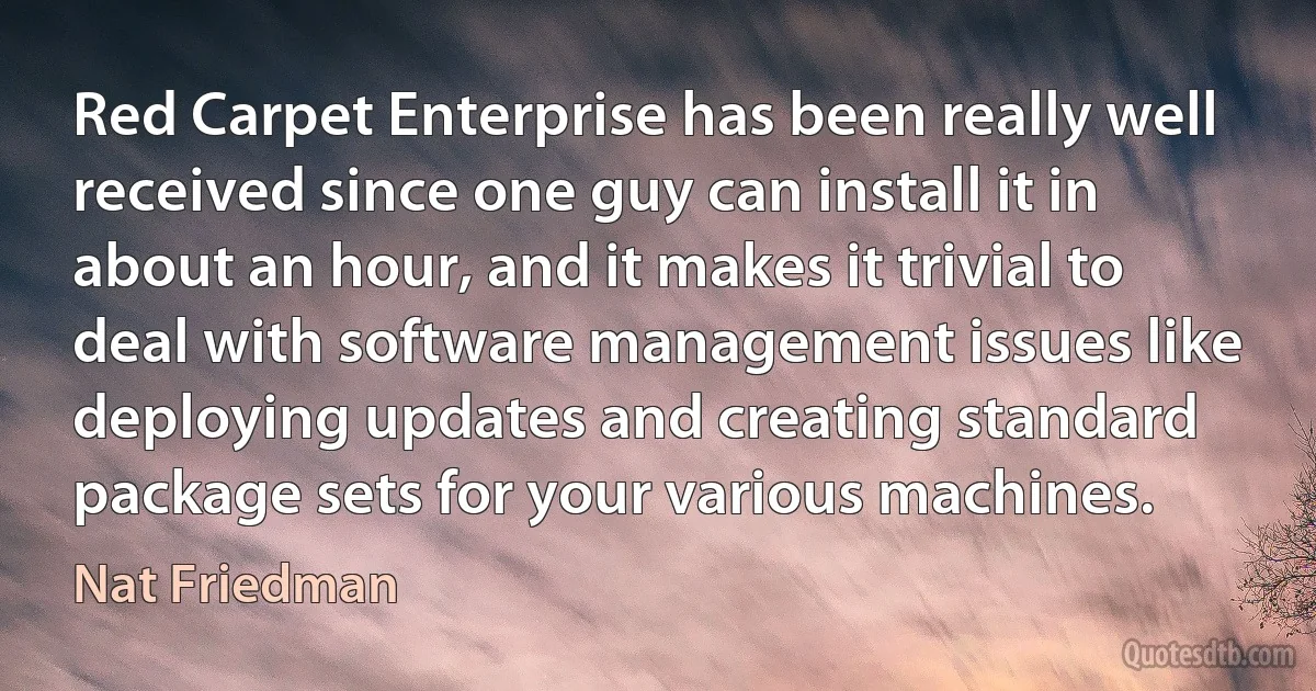 Red Carpet Enterprise has been really well received since one guy can install it in about an hour, and it makes it trivial to deal with software management issues like deploying updates and creating standard package sets for your various machines. (Nat Friedman)