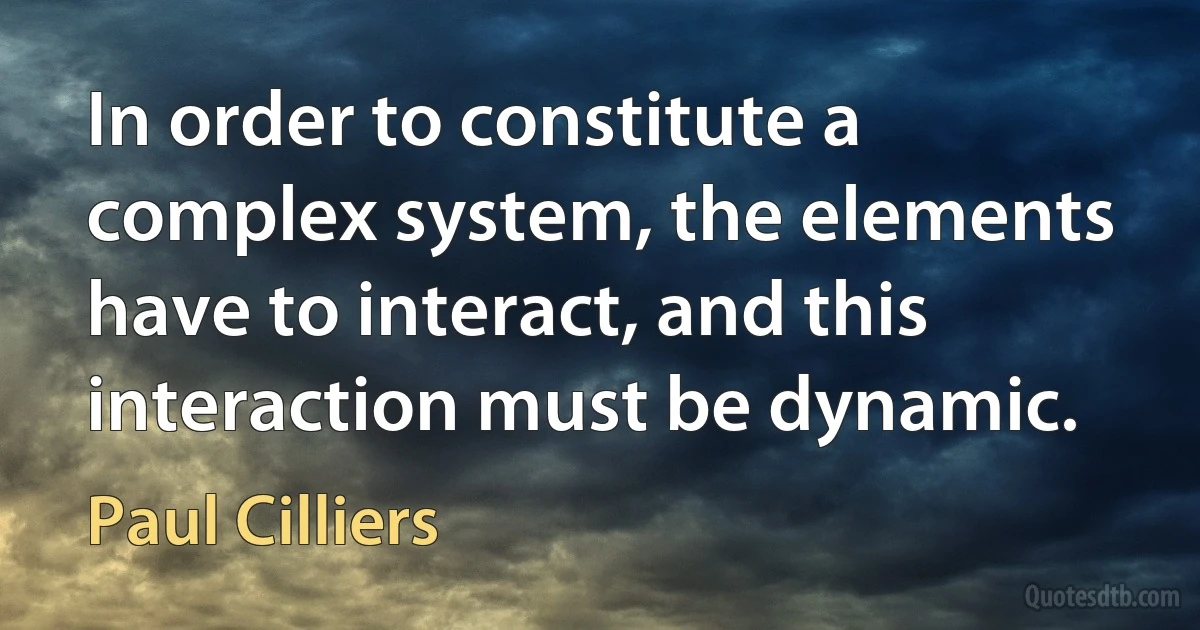 In order to constitute a complex system, the elements have to interact, and this interaction must be dynamic. (Paul Cilliers)