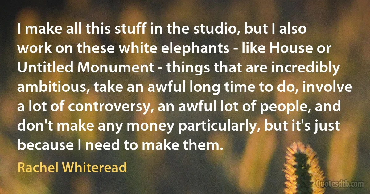 I make all this stuff in the studio, but I also work on these white elephants - like House or Untitled Monument - things that are incredibly ambitious, take an awful long time to do, involve a lot of controversy, an awful lot of people, and don't make any money particularly, but it's just because I need to make them. (Rachel Whiteread)