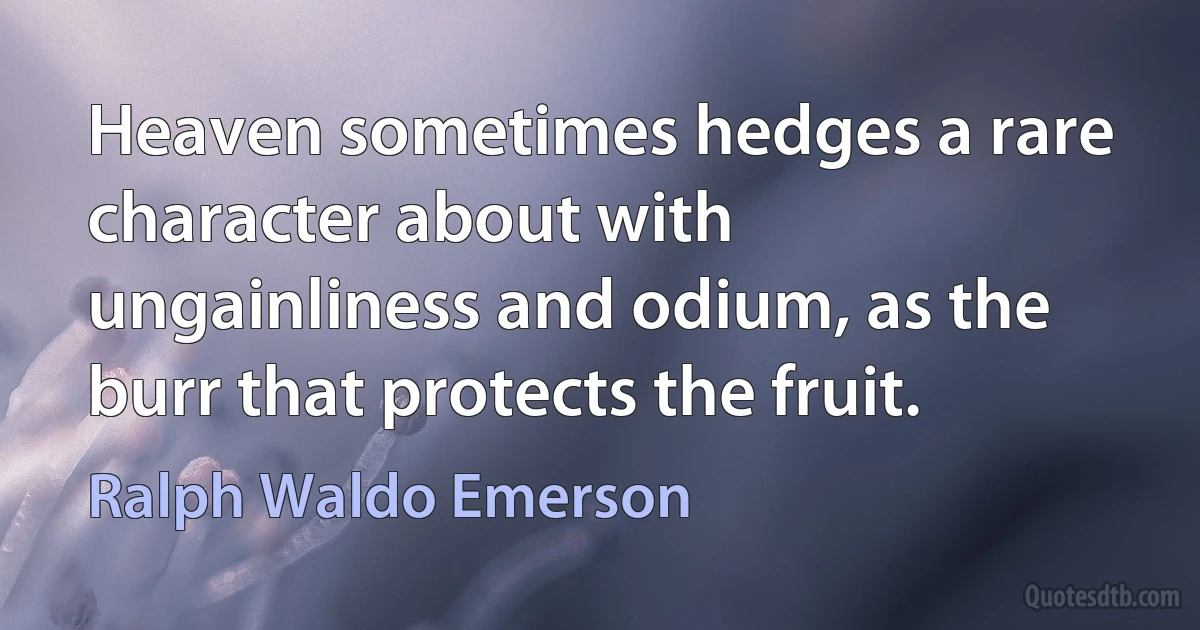 Heaven sometimes hedges a rare character about with ungainliness and odium, as the burr that protects the fruit. (Ralph Waldo Emerson)