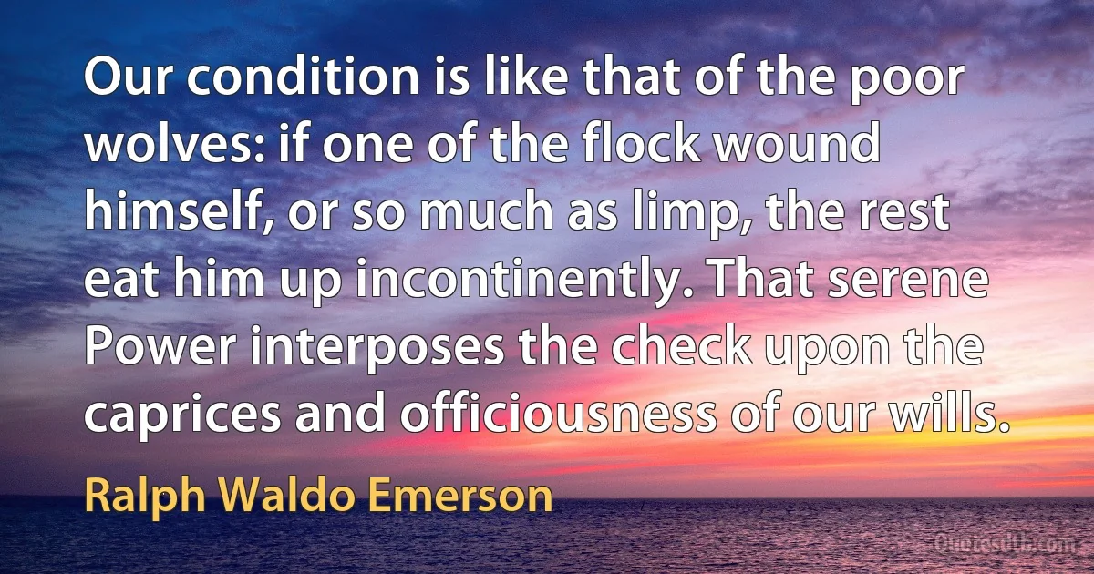 Our condition is like that of the poor wolves: if one of the flock wound himself, or so much as limp, the rest eat him up incontinently. That serene Power interposes the check upon the caprices and officiousness of our wills. (Ralph Waldo Emerson)