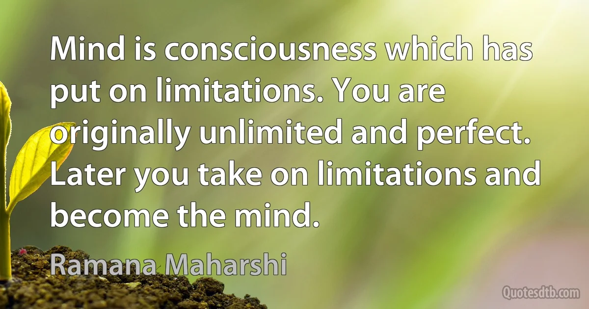 Mind is consciousness which has put on limitations. You are originally unlimited and perfect. Later you take on limitations and become the mind. (Ramana Maharshi)