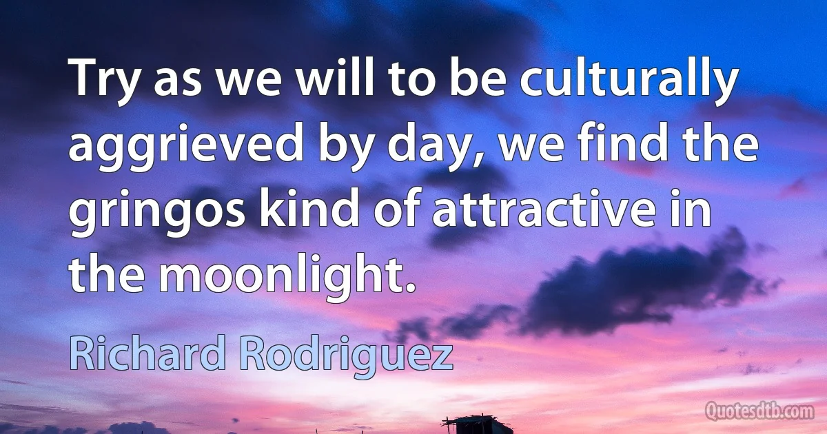 Try as we will to be culturally aggrieved by day, we find the gringos kind of attractive in the moonlight. (Richard Rodriguez)