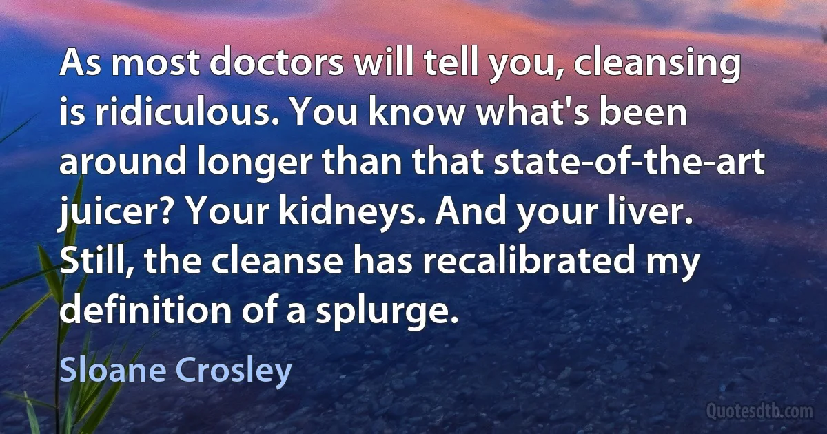 As most doctors will tell you, cleansing is ridiculous. You know what's been around longer than that state-of-the-art juicer? Your kidneys. And your liver. Still, the cleanse has recalibrated my definition of a splurge. (Sloane Crosley)